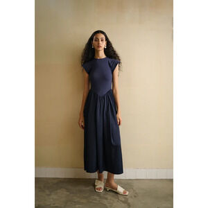 Ancosti Patchwork Cap Sleeve Drop Waist A-Line Maxi Dress Navy Blue Women's XS